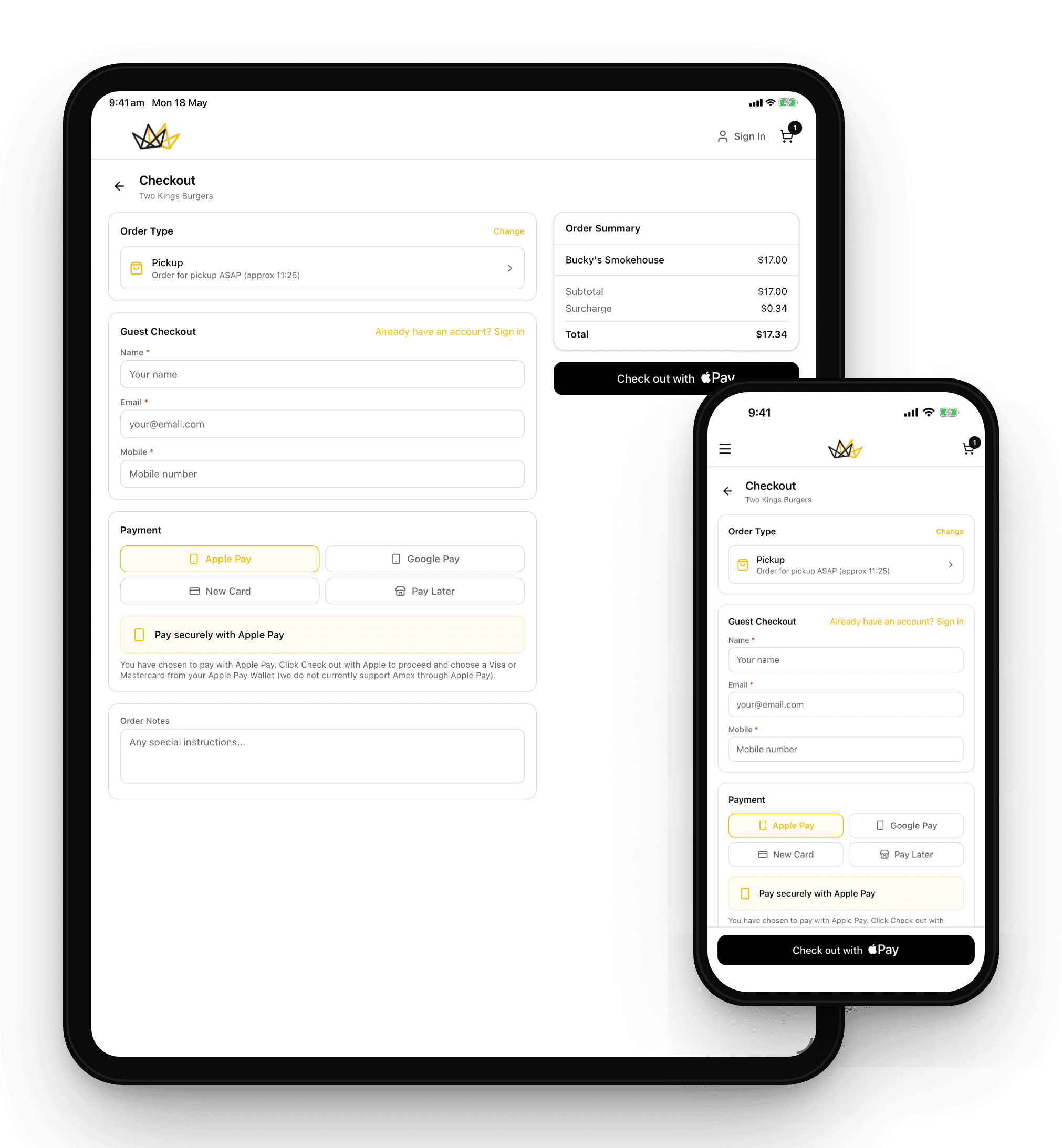 Secure checkout with Apple Pay and Google Pay shown on a tablet and phone