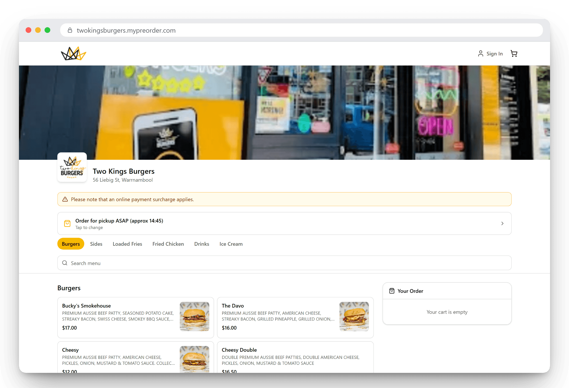 Branded web ordering on a desktop browser with a custom domain