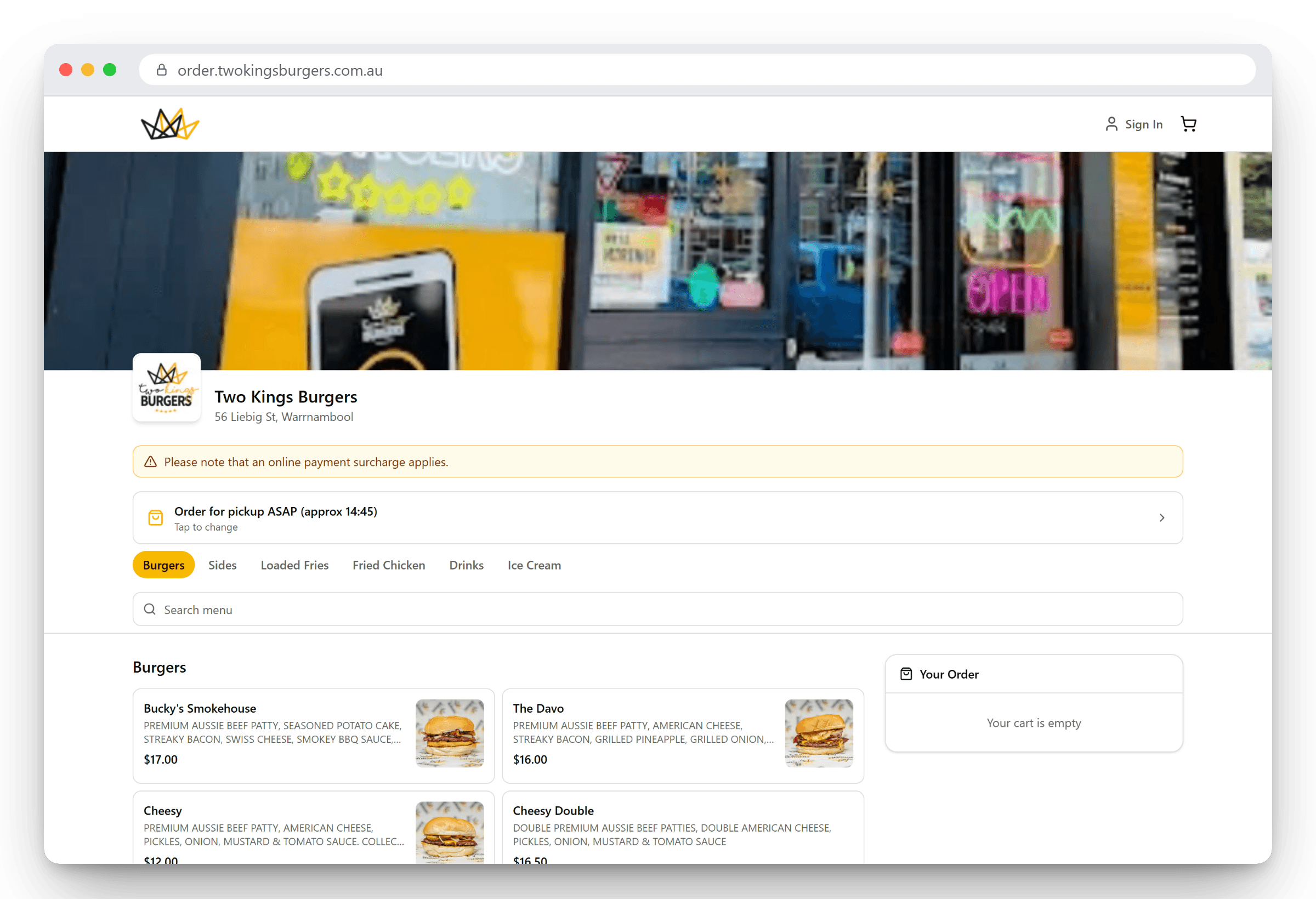 White label web ordering on a desktop browser with a custom domain in the address bar