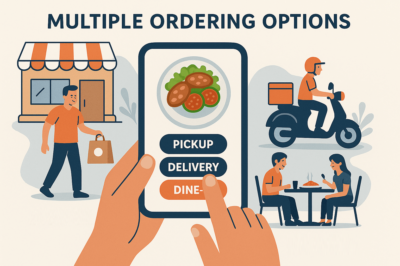Comprehensive diagram showing contactless ordering flow for pickup, dine-in, and delivery services