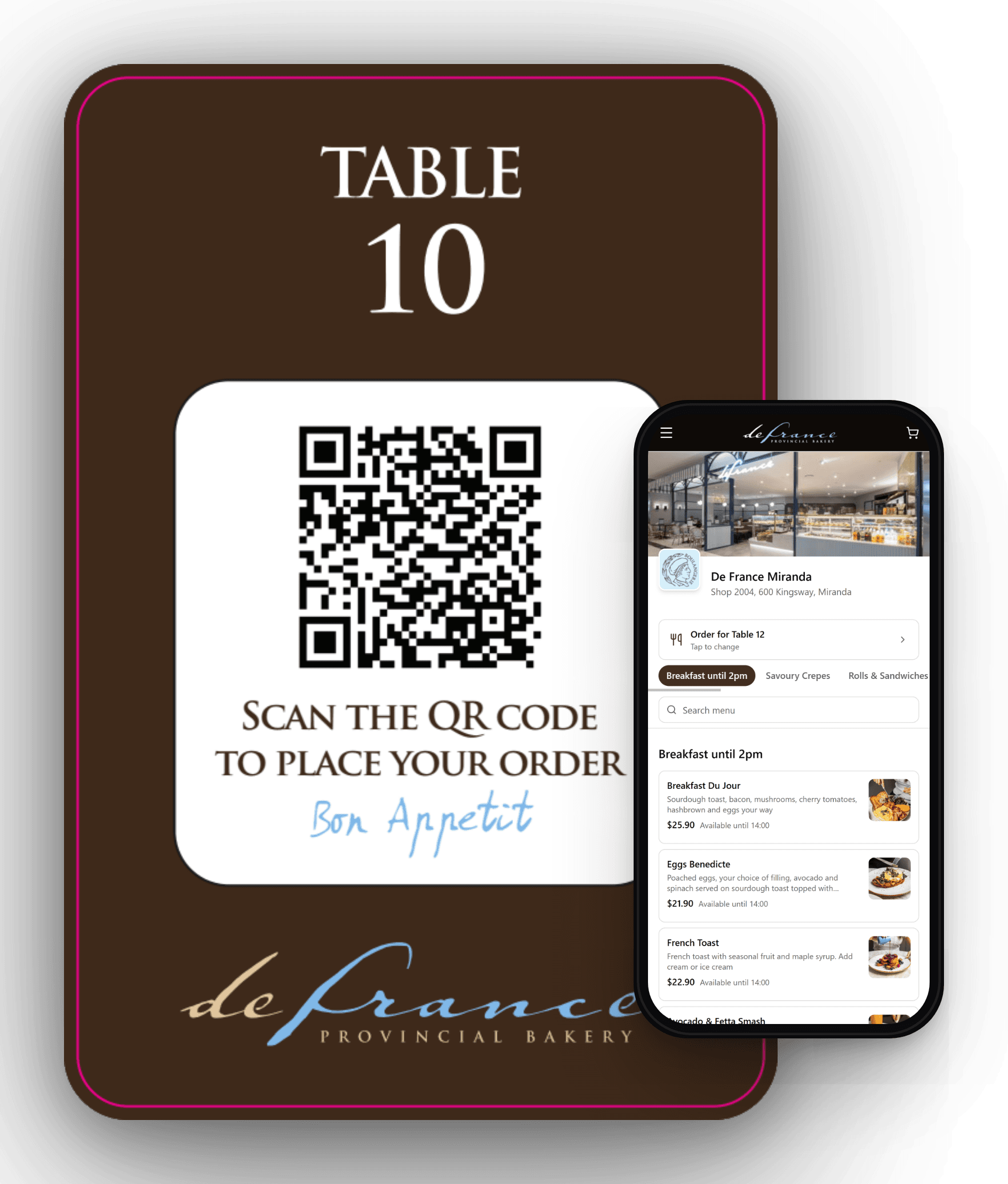 Diner scanning a deFrance table QR code to order, shown beside the dine-in menu on a phone
