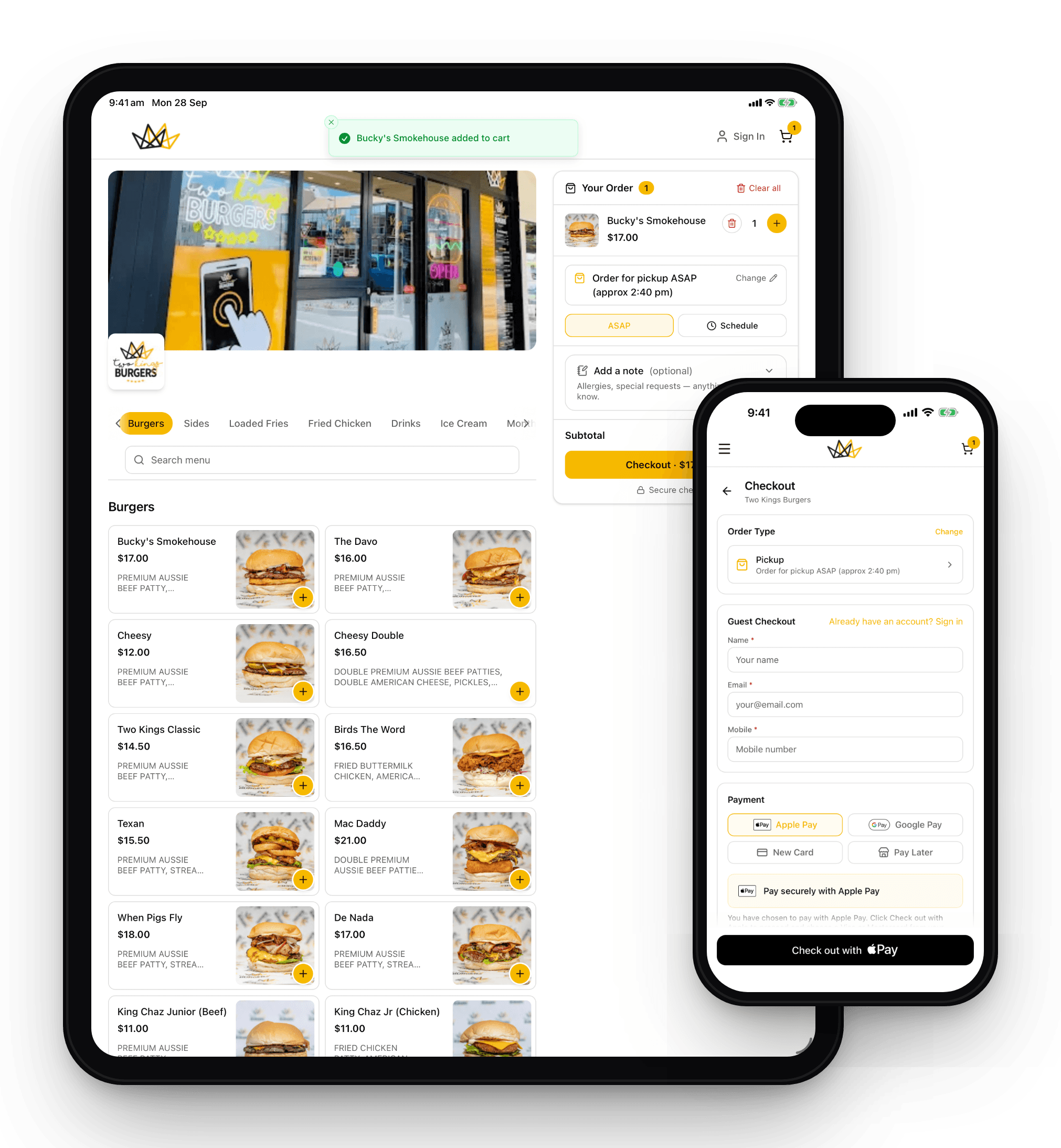 View larger Two Kings Burgers order on a tablet and Apple Pay checkout on a phone
