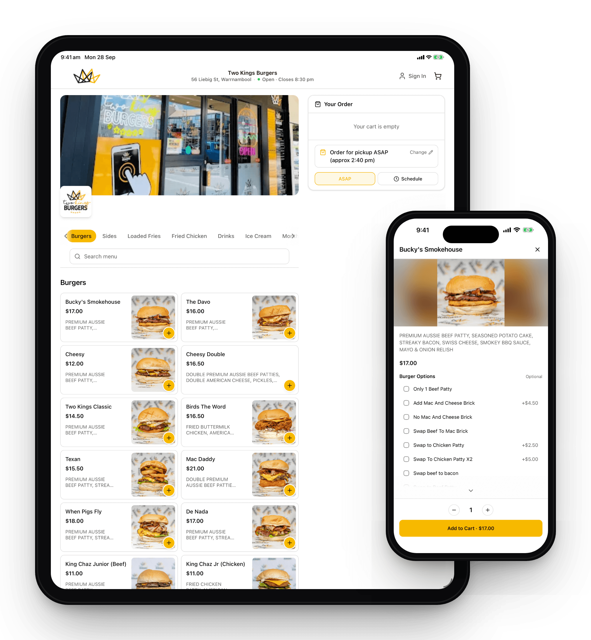 Two Kings Burgers branded ordering menu on a tablet and product options on a phone