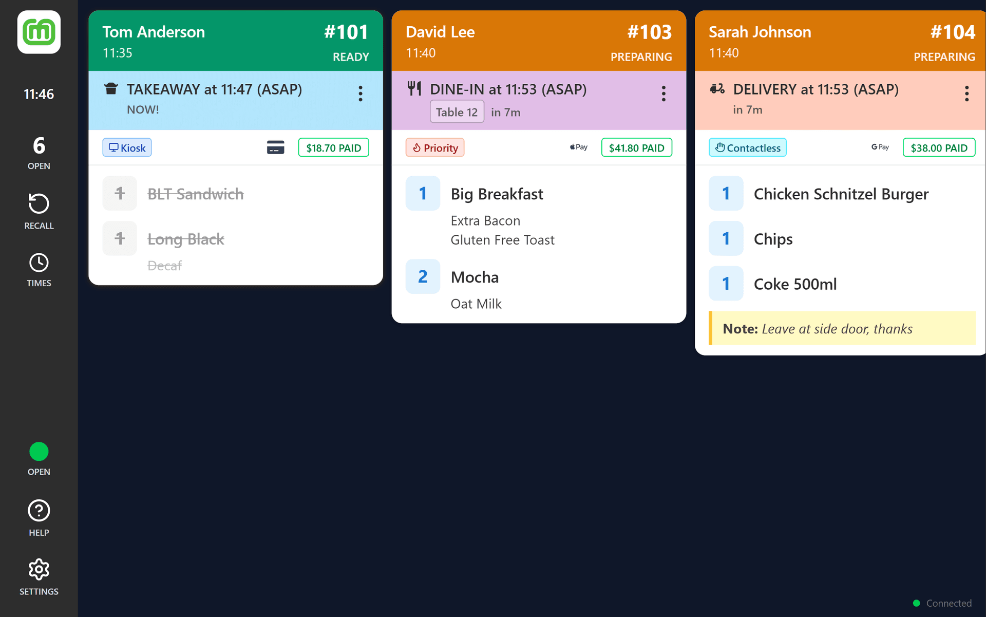Kitchen Display System showing kiosk orders alongside online orders