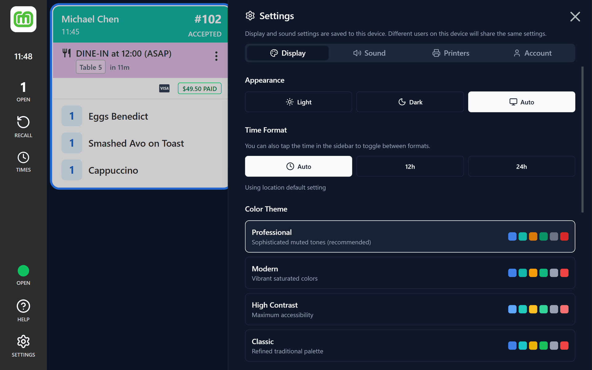 KDS display settings panel showing theme, card size, scaling and time format options