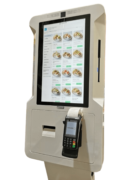 Freestanding self-serve kiosk in a restaurant setting