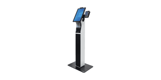 Freestanding self-serve kiosk with a touch screen and EFTPOS cradle