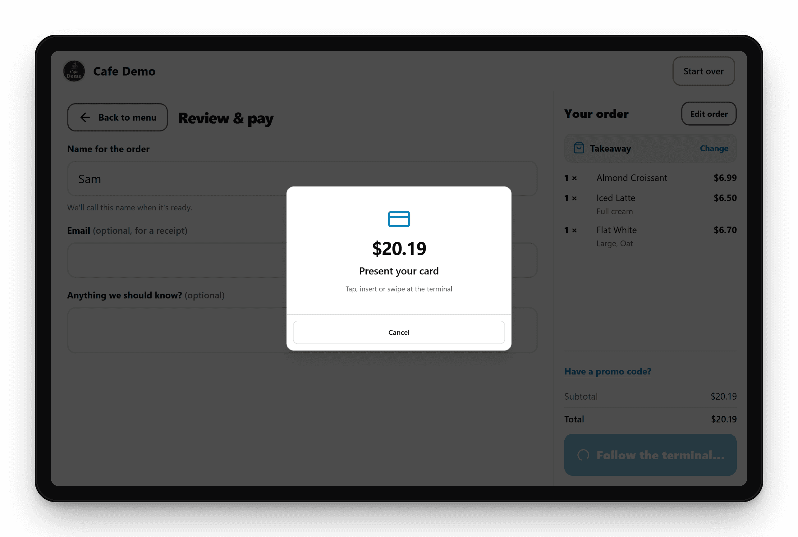 Kiosk review and pay screen asking the customer to present their card at the EFTPOS terminal