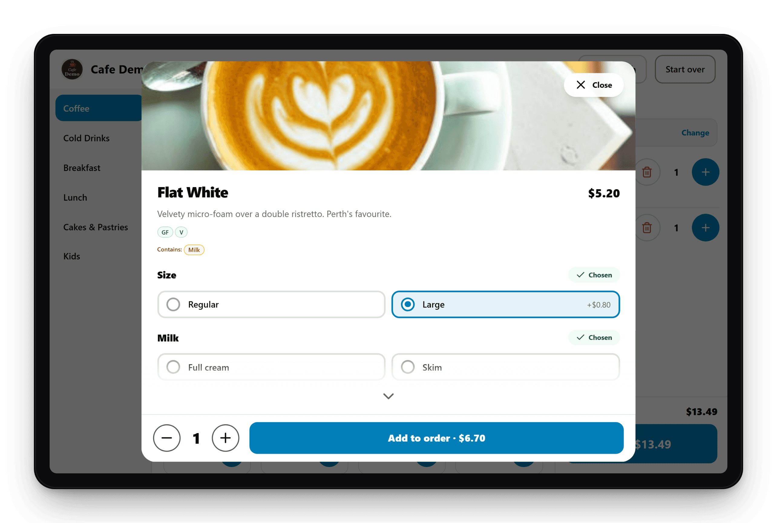 Kiosk item screen with a photo, dietary tags, allergens and size and milk options