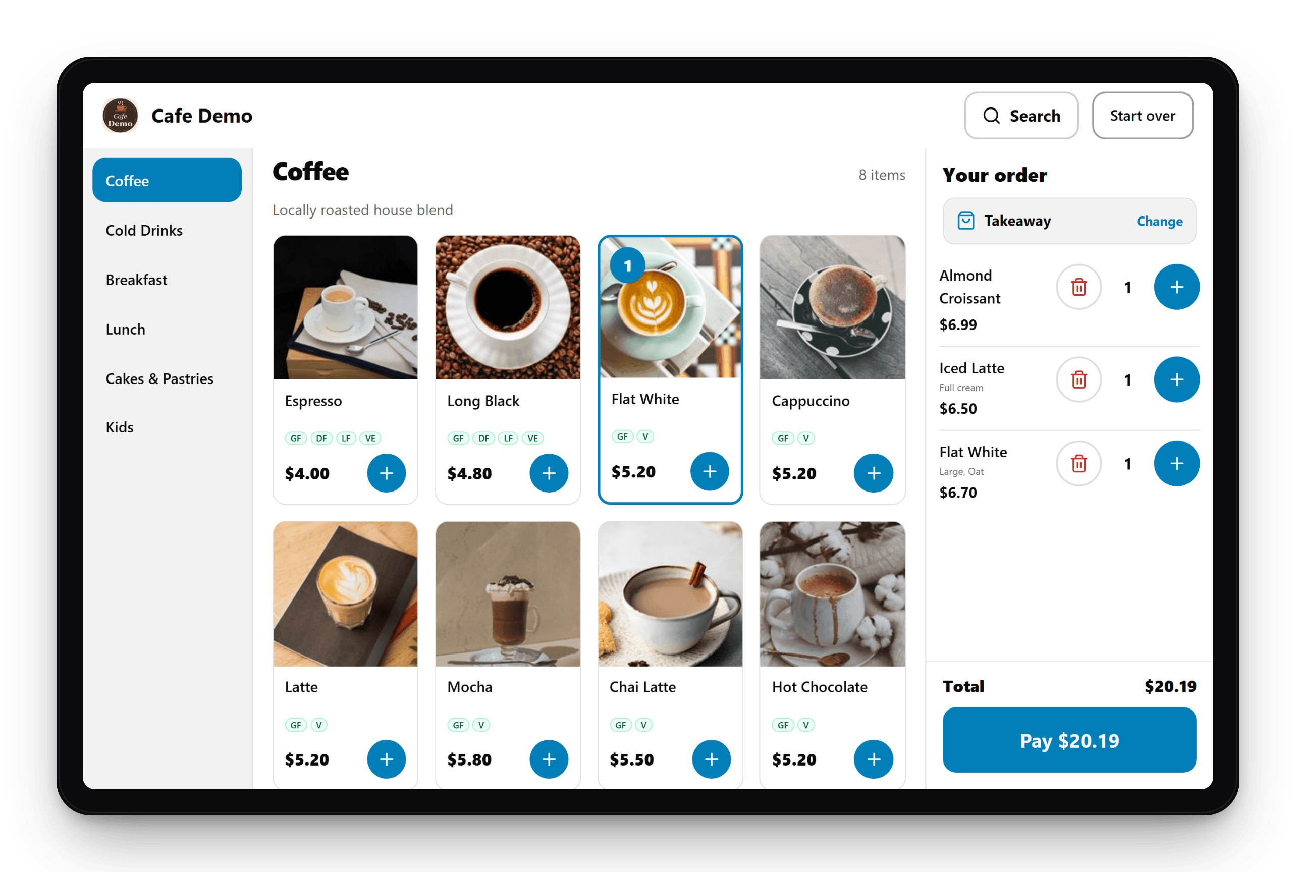 Landscape kiosk menu with photos and the running order and total in a panel on the right