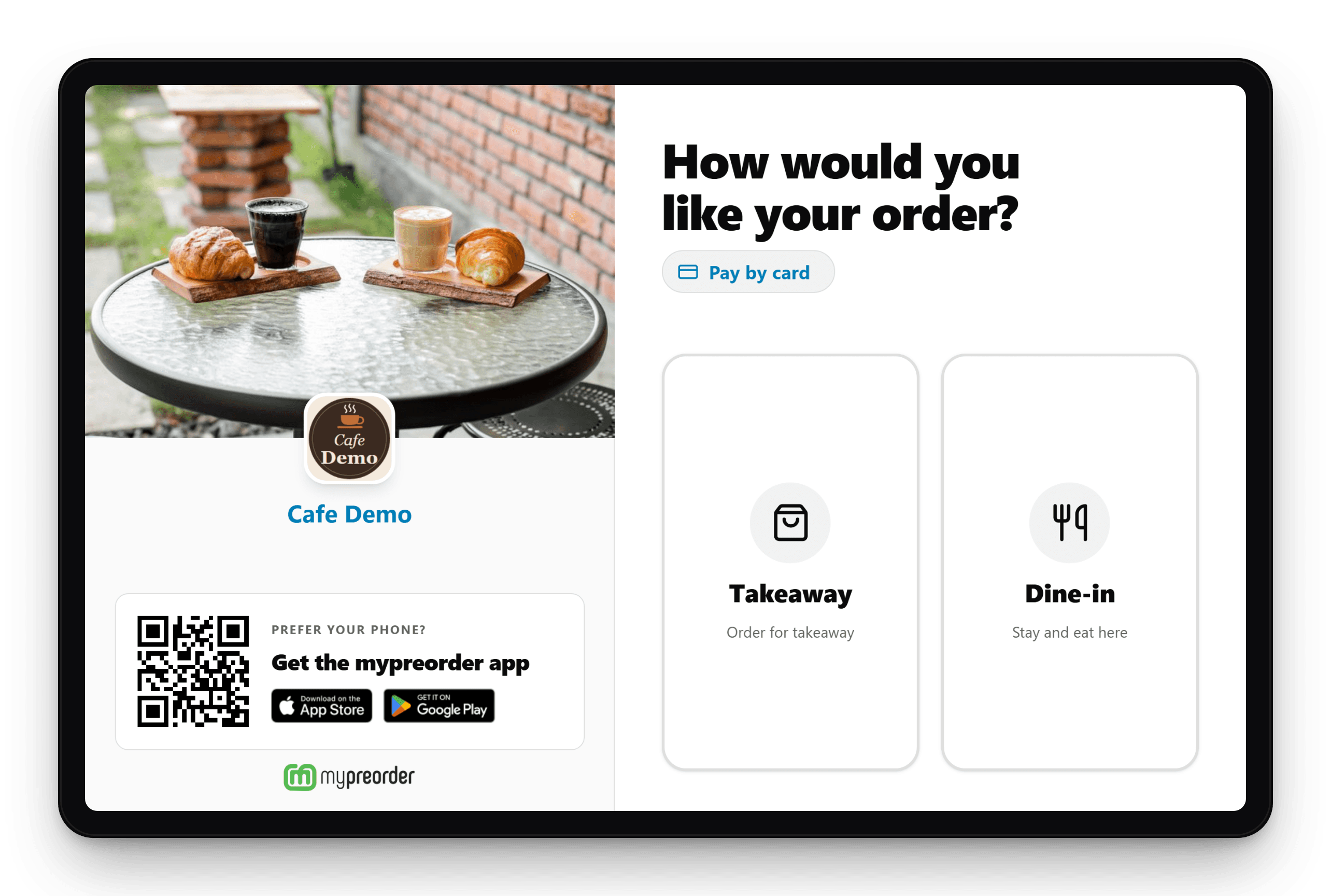 Landscape kiosk start screen with the cafe photo, logo and takeaway or dine-in choice