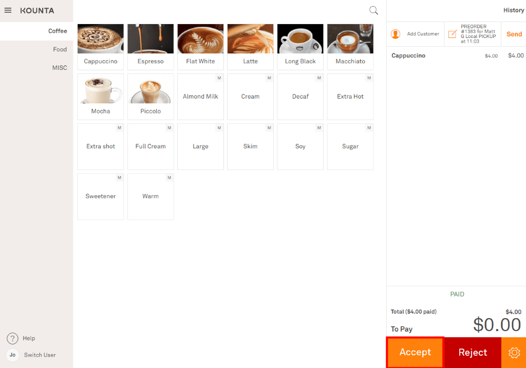 Kounta POS interface showing an incoming mypreorder online order