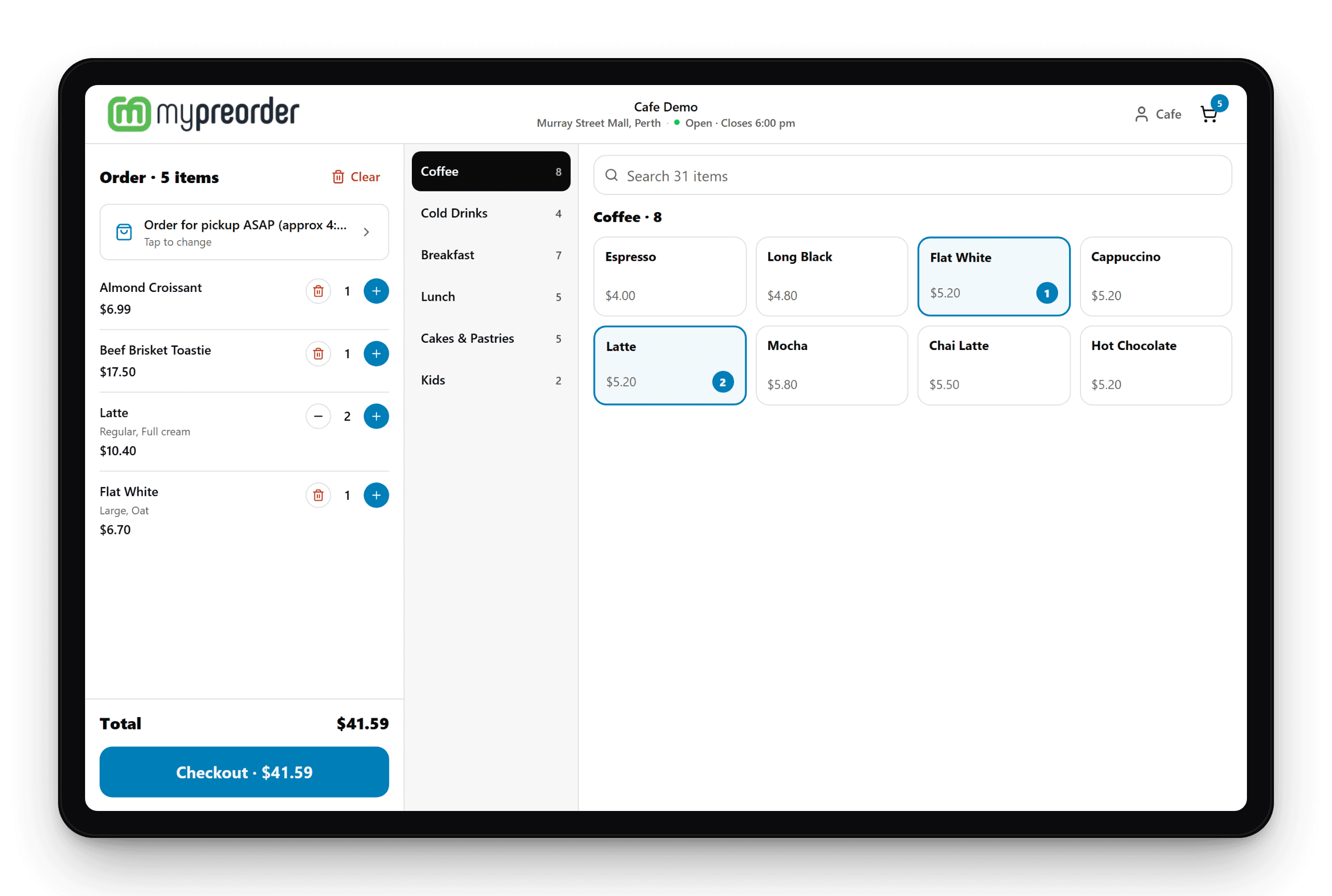 mypreorder online POS on a tablet: the order ticket with five items and a $41.59 total, a category list, and text-only item tiles with count badges