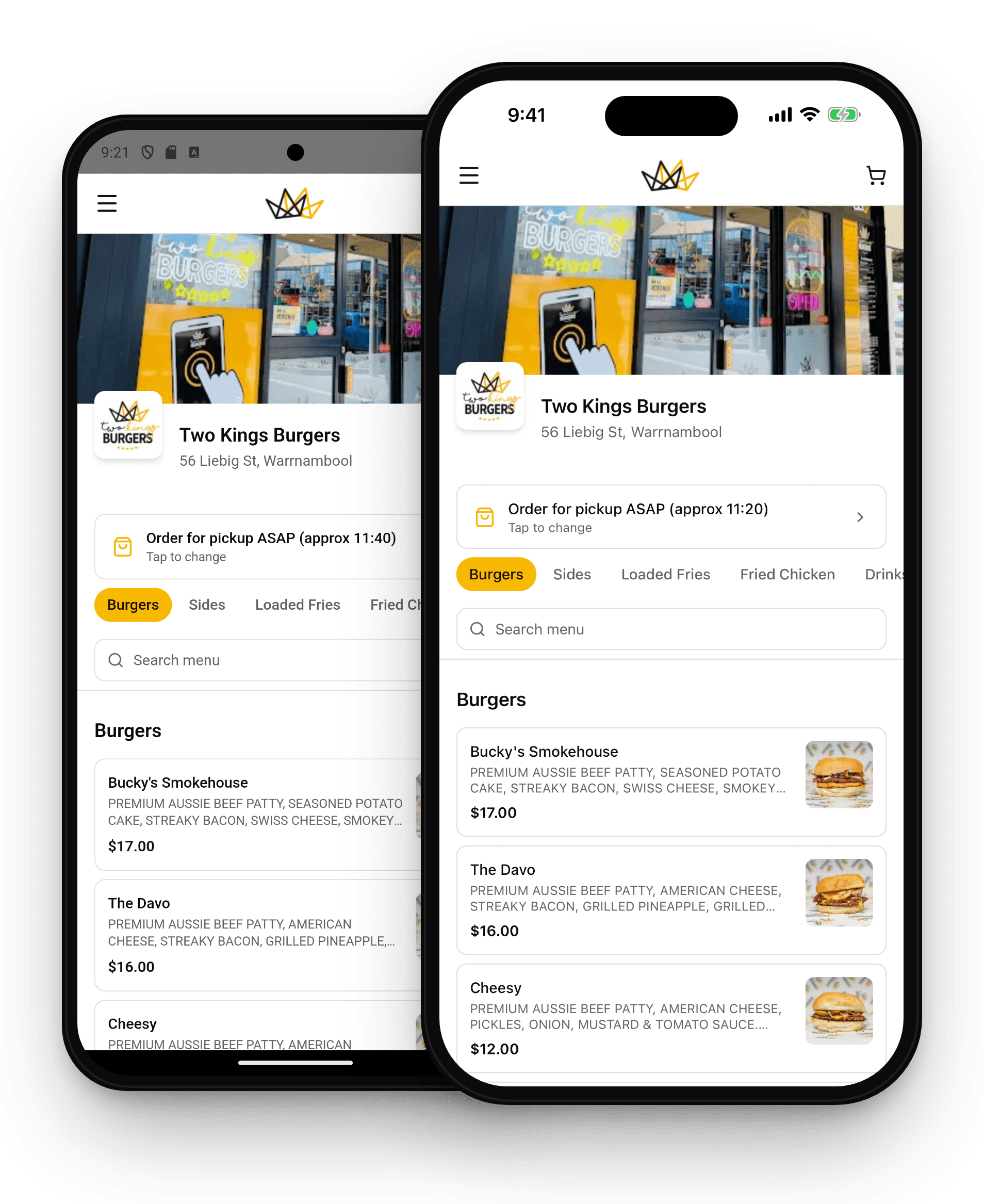 Two Kings Burgers branded online ordering app on iOS and Android phones, powered by mypreorder