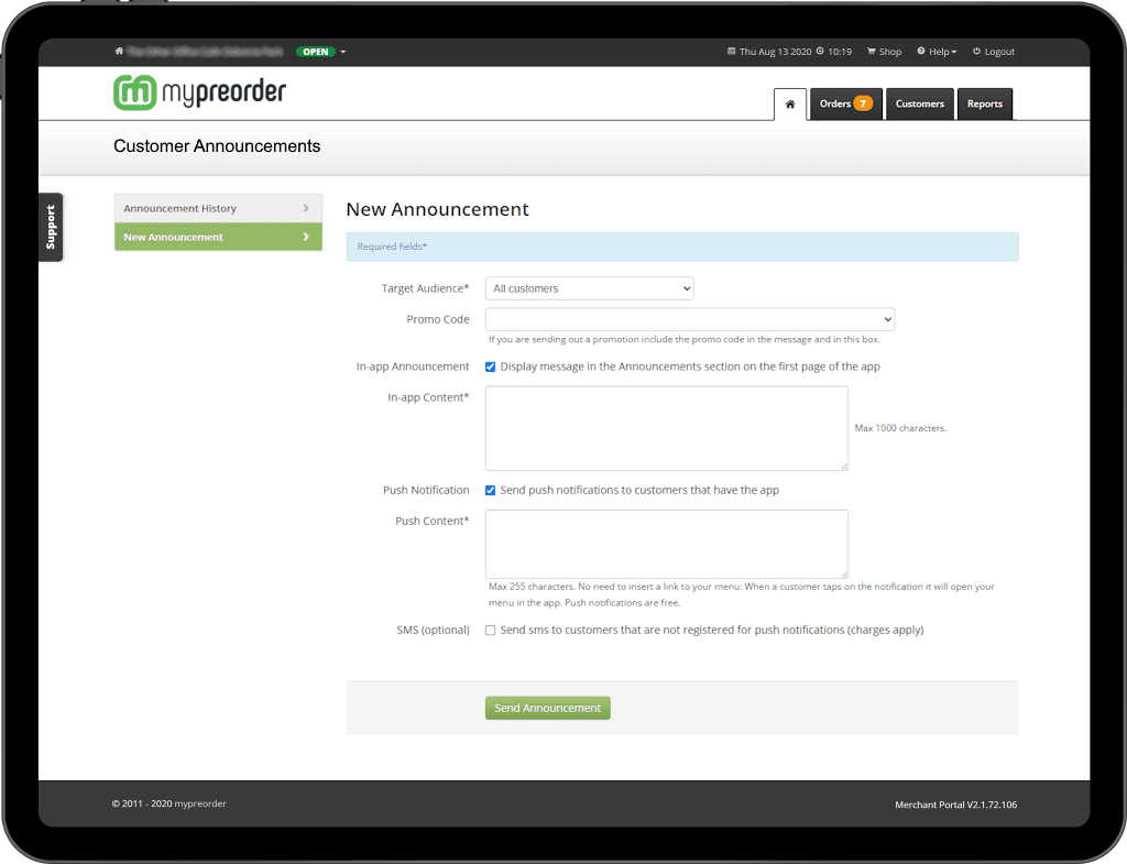 Merchant dashboard interface
