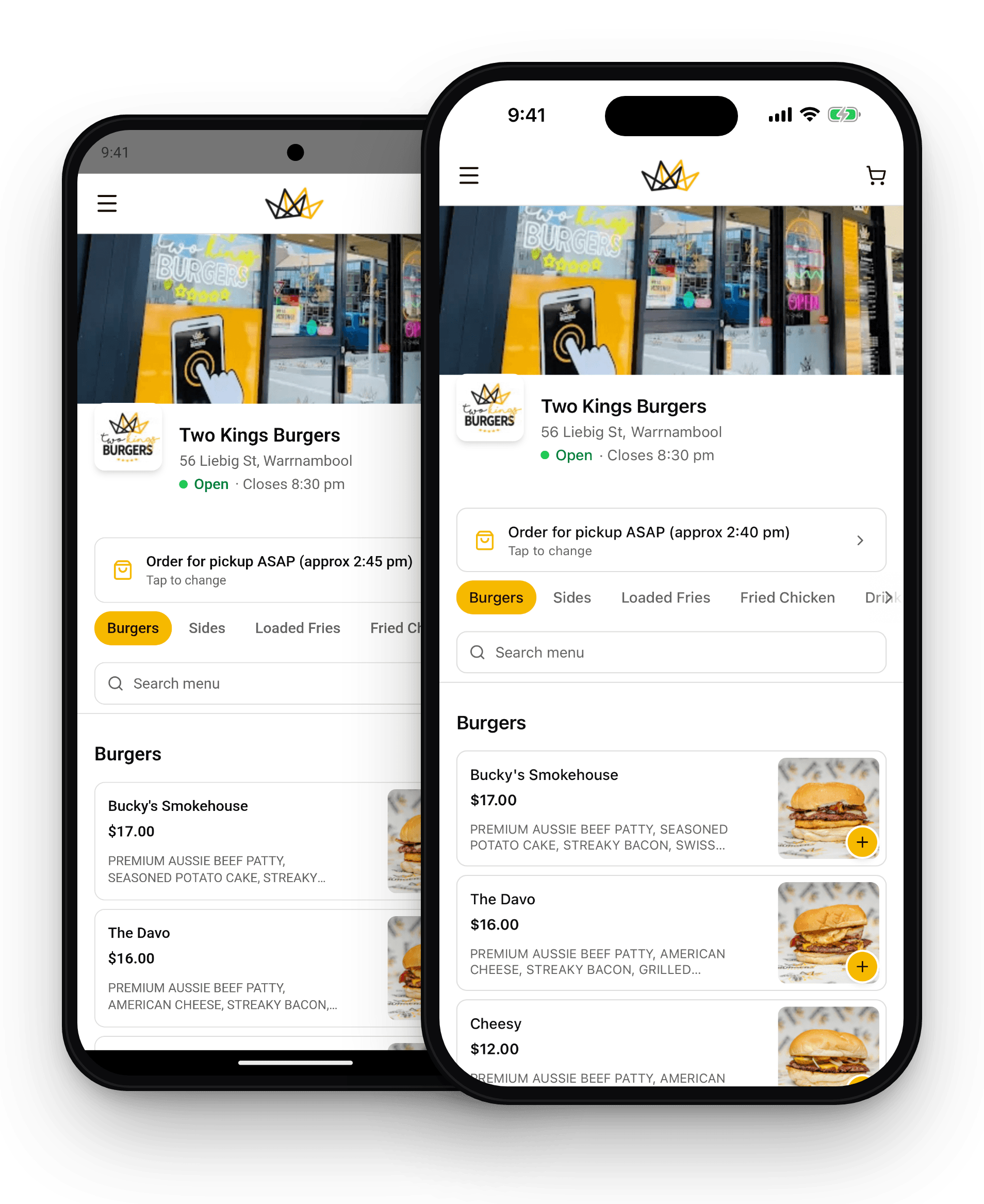 View larger Two Kings Burgers branded ordering app on Android and iPhone, powered by mypreorder